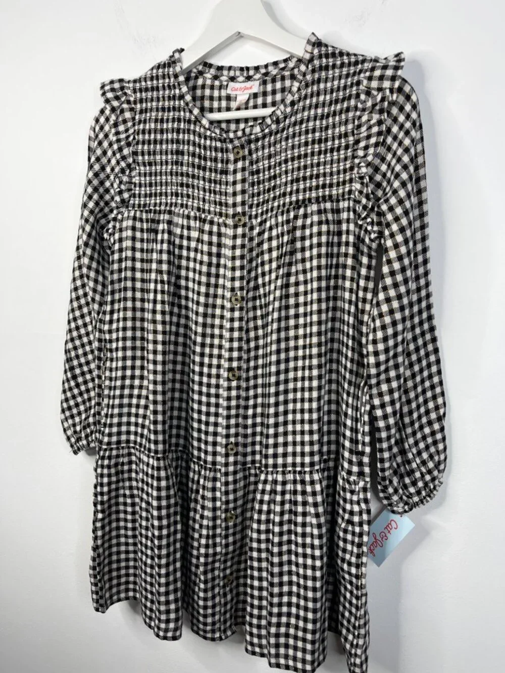 Cat & Jack Girls M 7/8 Black Metallic Plaid Peasant Dress Long Sleeve Fall